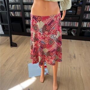 Passport Red Pink Multi-Pattern A-Line Midi Skirt